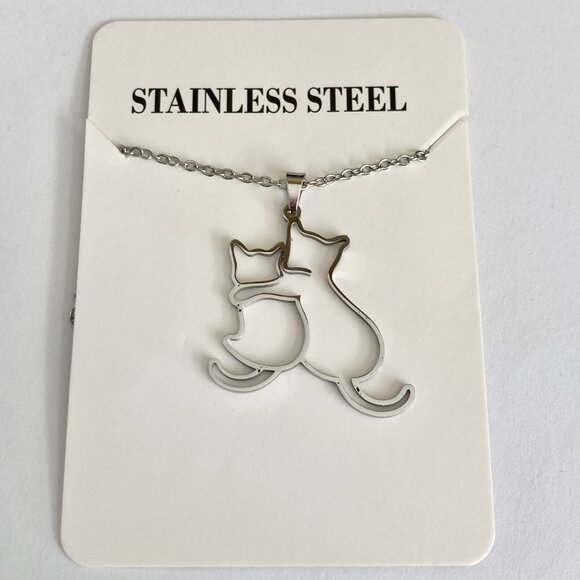 Two Cats Charm Pendant Necklace 17-19" Chain Stainless Steel Cat Lady Silhouette - Picture 3 of 8